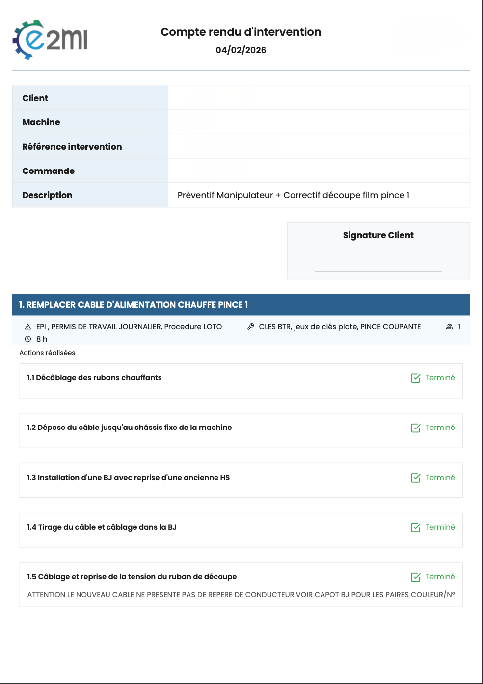 Rapport d'intervention préventif + correctif. Secteur industrie agroalimentaire. Document conçu et complété par E2MI